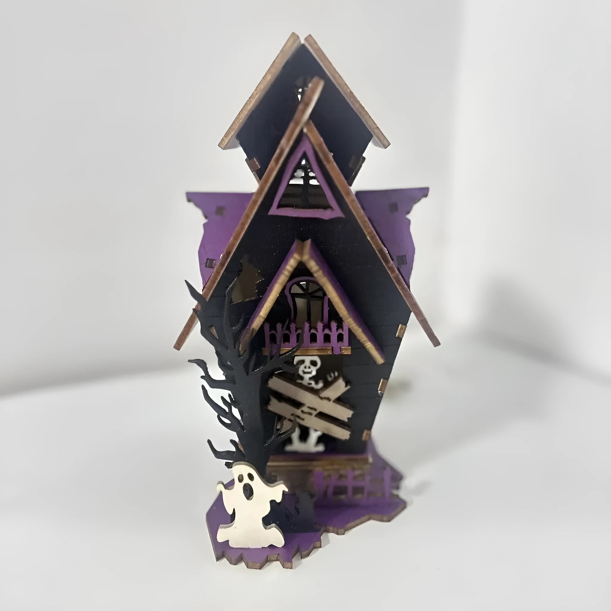 Wooden Halloween haunted house table decoration with candlestick design