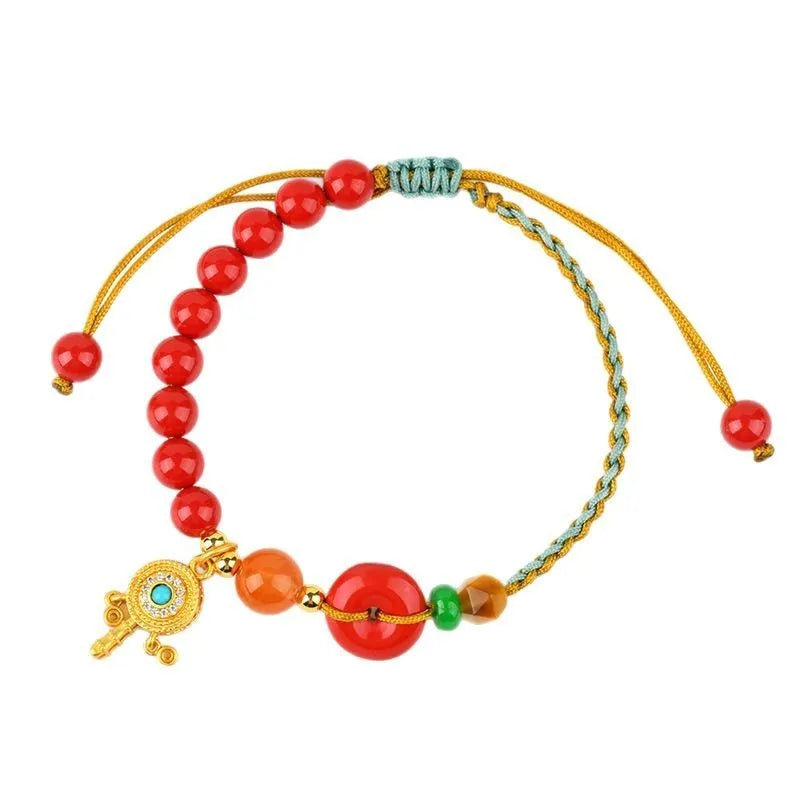 Cinnabar peace blessing buckle bracelet for women in emperor red sand colour with hand-woven geometric design