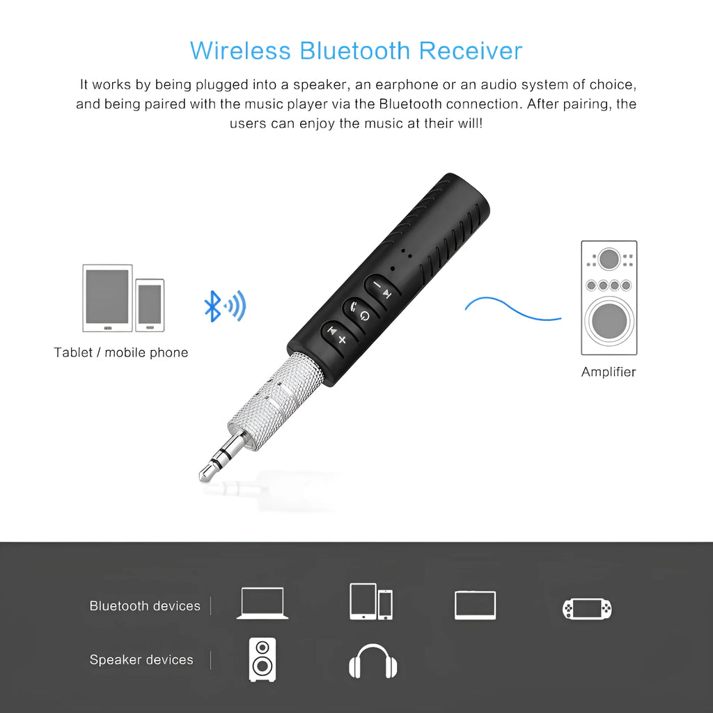 Black Bluetooth car audio adapter with 3.5mm aux connector and Mini USB charging port