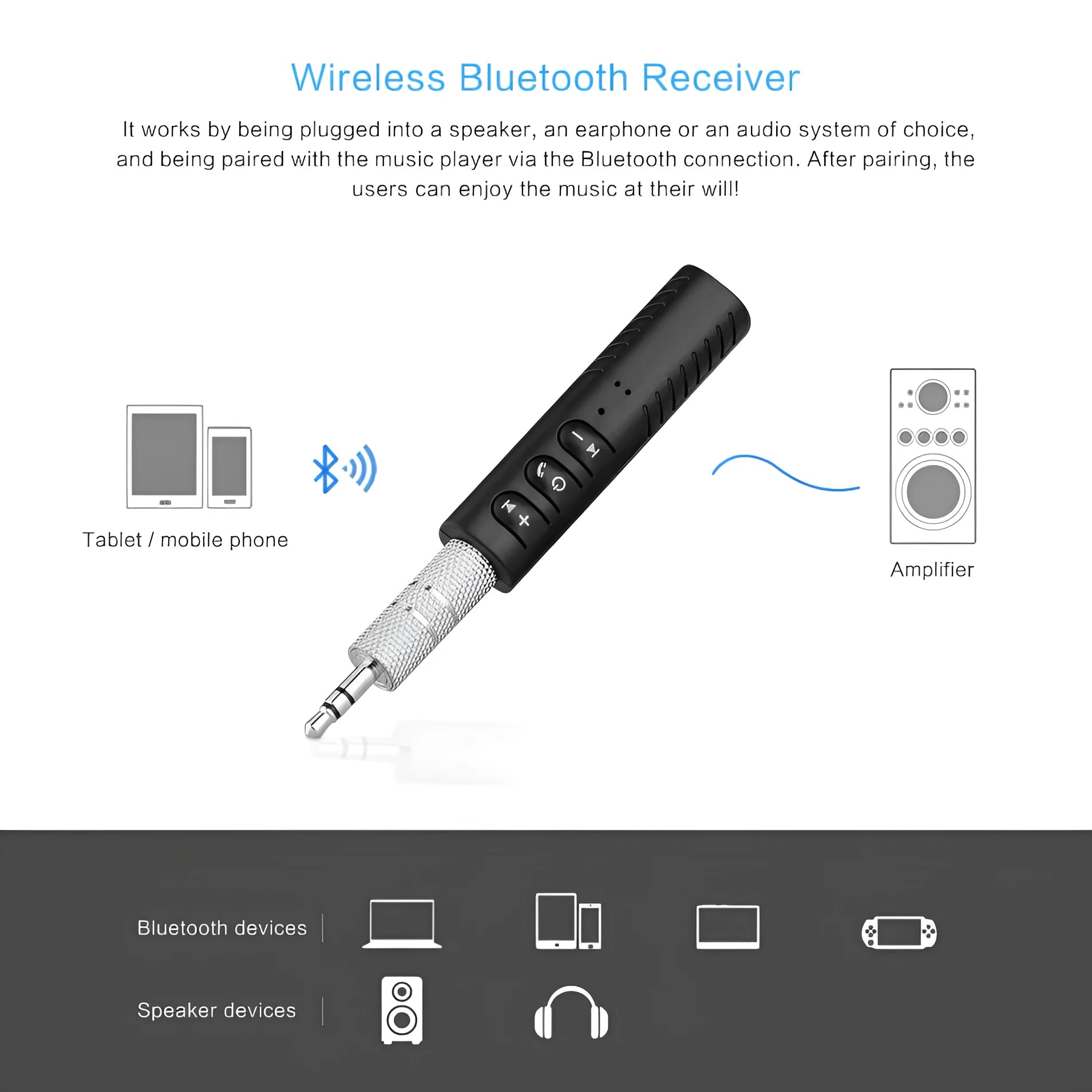 Black Bluetooth car audio adapter with 3.5mm aux connector and Mini USB charging port