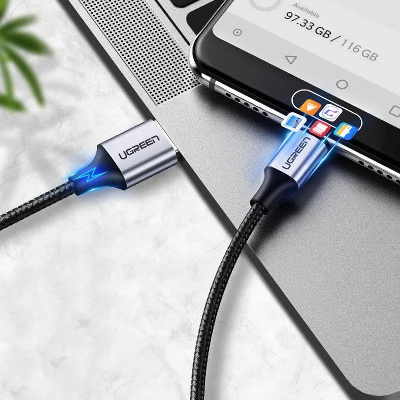 Ugreen black nylon braided USB-A to USB-C fast charging cable in multiple lengths