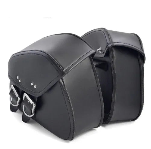 Black PU leather motorcycle saddlebags for left and right side storage, 28x18x12cm on a cruiser bike