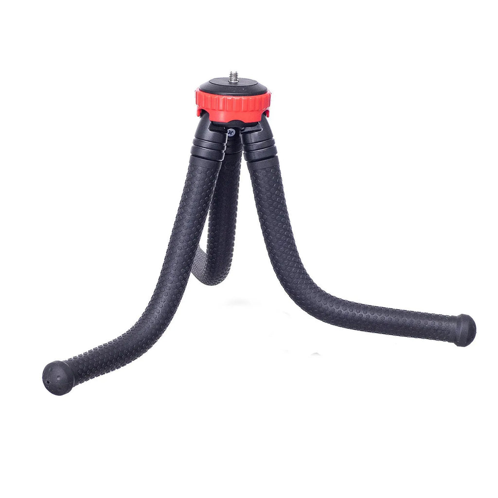 Black octopus-style flexible tripod with spherical gimbal head, shown wrapped around a pole.