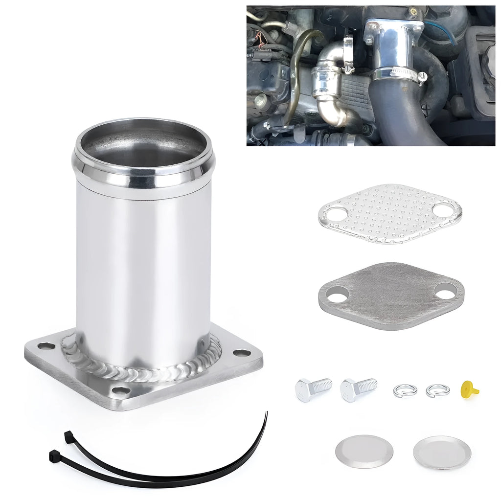 BMW E46 diesel EGR delete kit with black blanking plates, vacuum plug, and mounting hardware