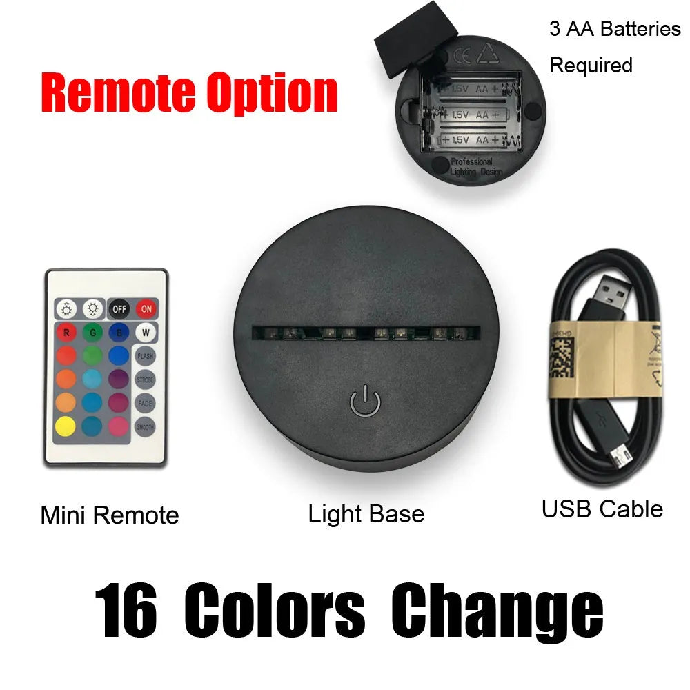 Religious 3D night light with black base and acrylic plate showing coloured illumination