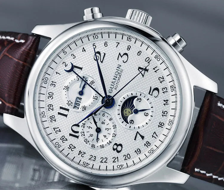 Men's mechanical perpetual calendar watch with leather strap showing moon phase and calendar displays