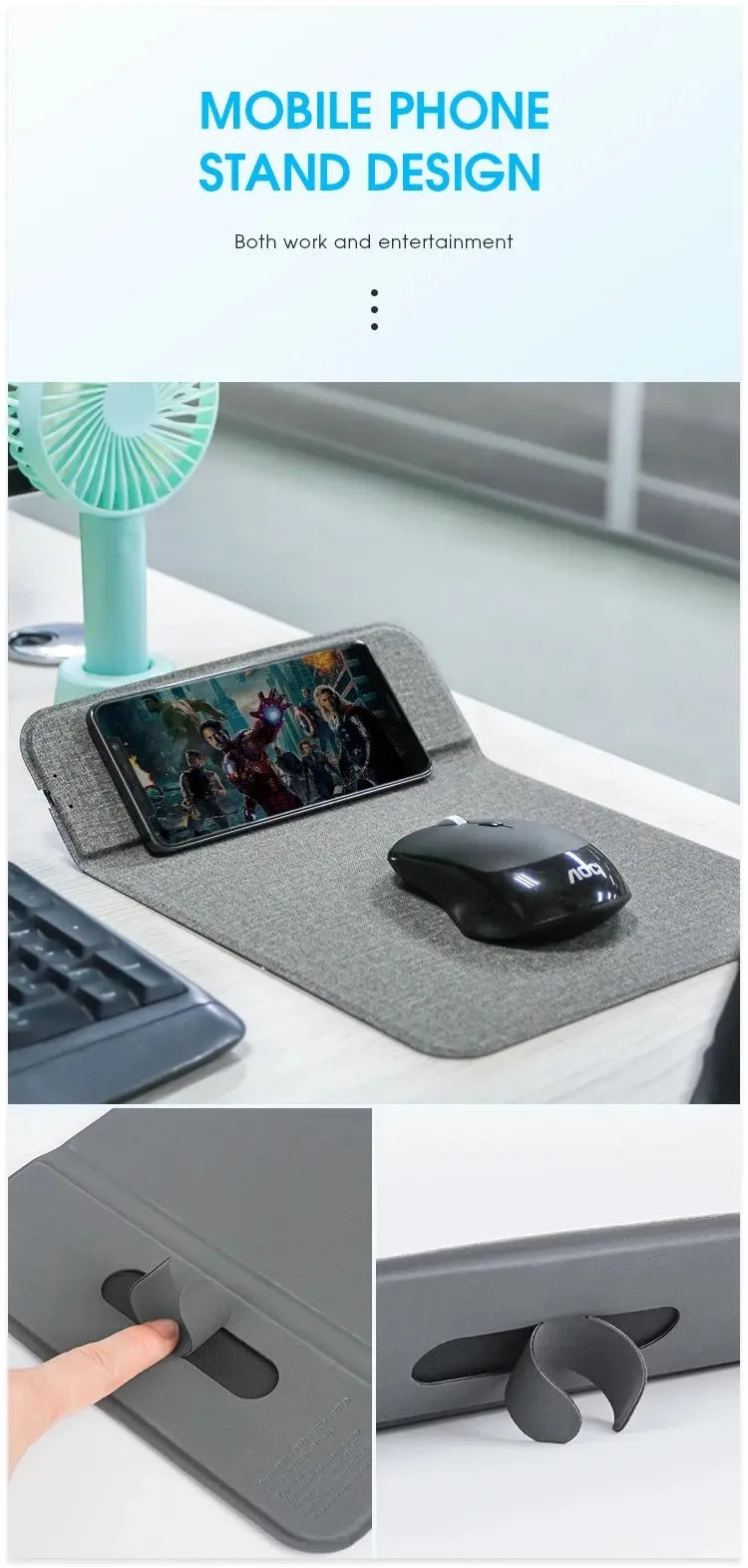 A foldable soft fabric phone holder for Qi wireless charging.
