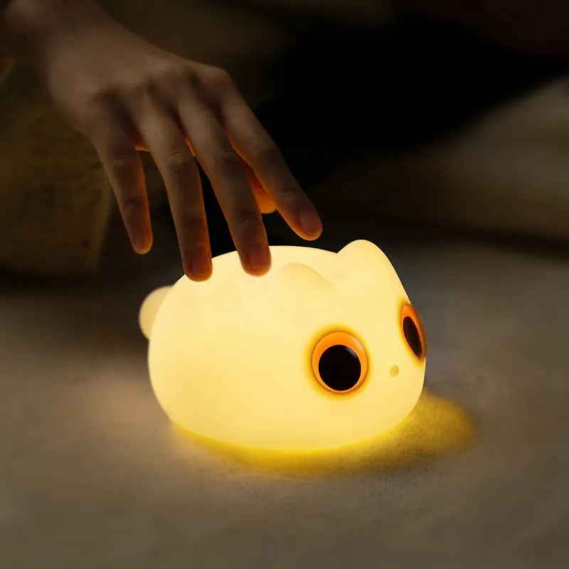 Cat-shaped silicone USB charging night lamp with two brightness levels and timer, battery powered, 134mm tall