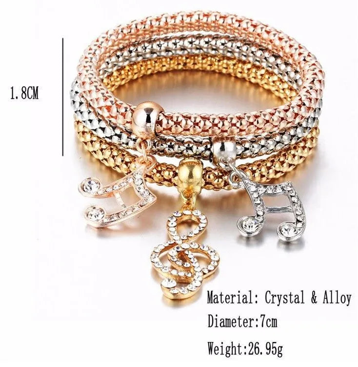 Alloy tricolour stretch popcorn corn chain bracelet set with themed charms in selected colour option