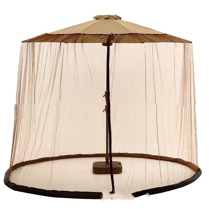 Fabric outdoor sunshade tent with mosquito netting in a garden setting.