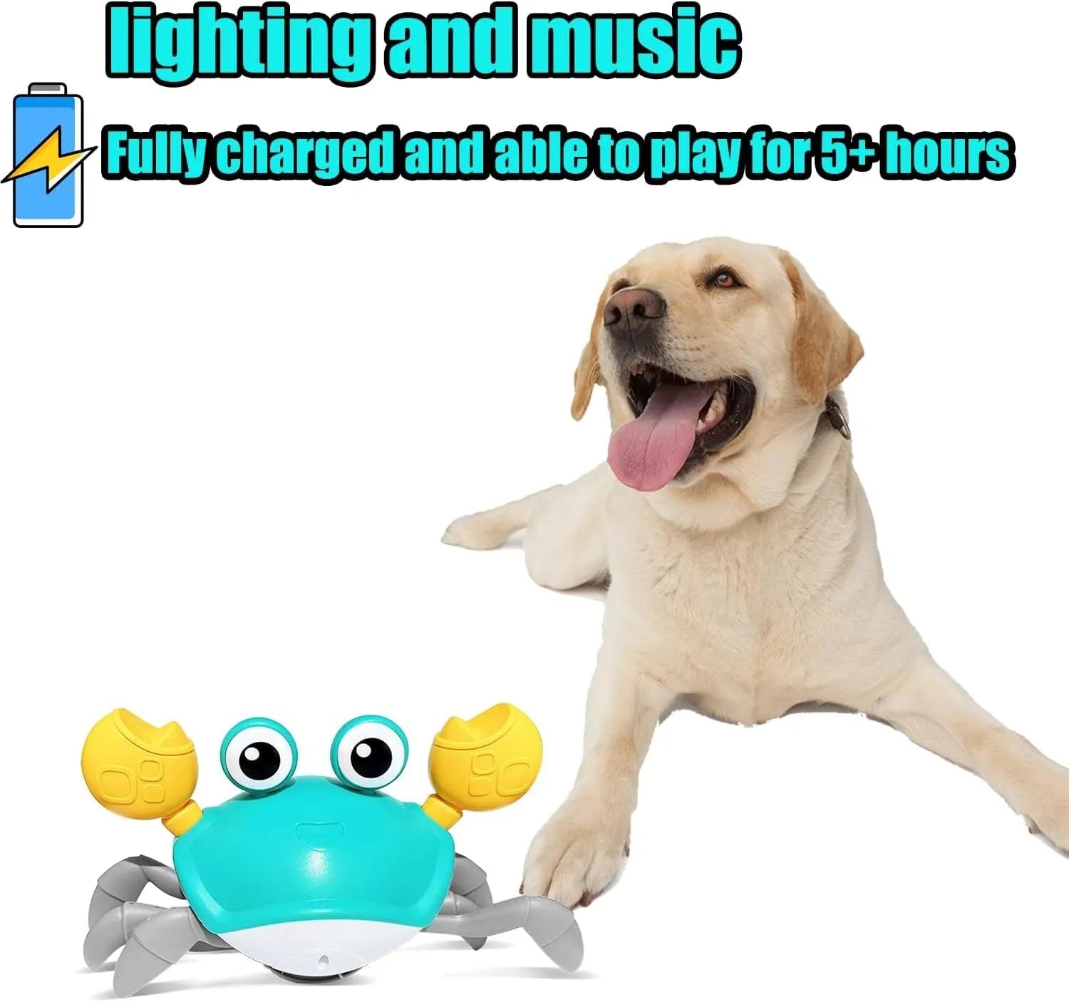 Blue electronic crab dog toy moving on floor with obstacle avoidance sensors and lights