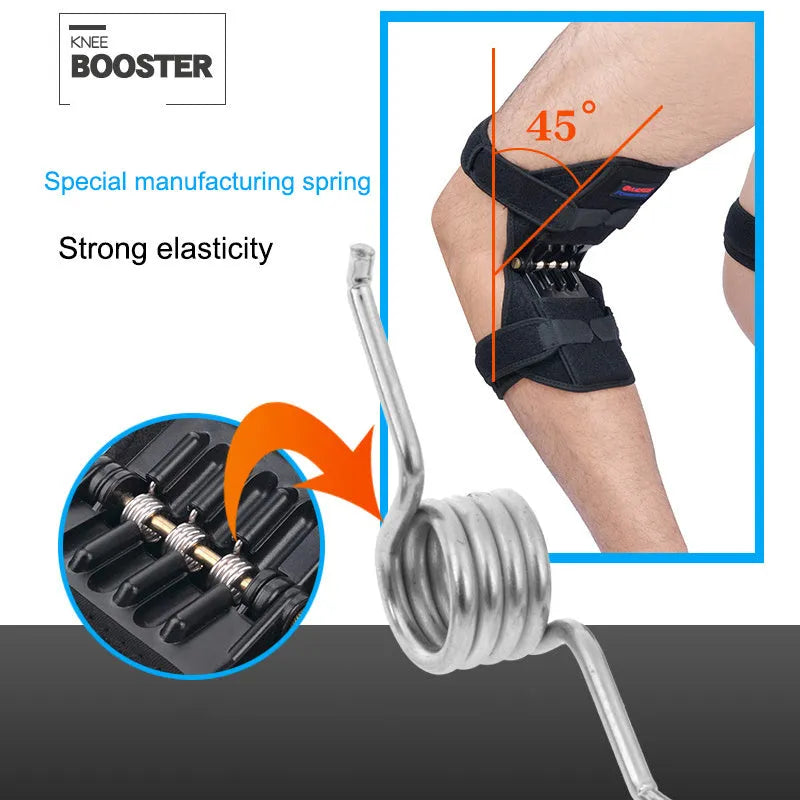 Black knee booster pair with carbon steel spring, adjustable Velcro straps, mesh ventilation and non-slip fabric, 29.5 x 28 x 27 cm
