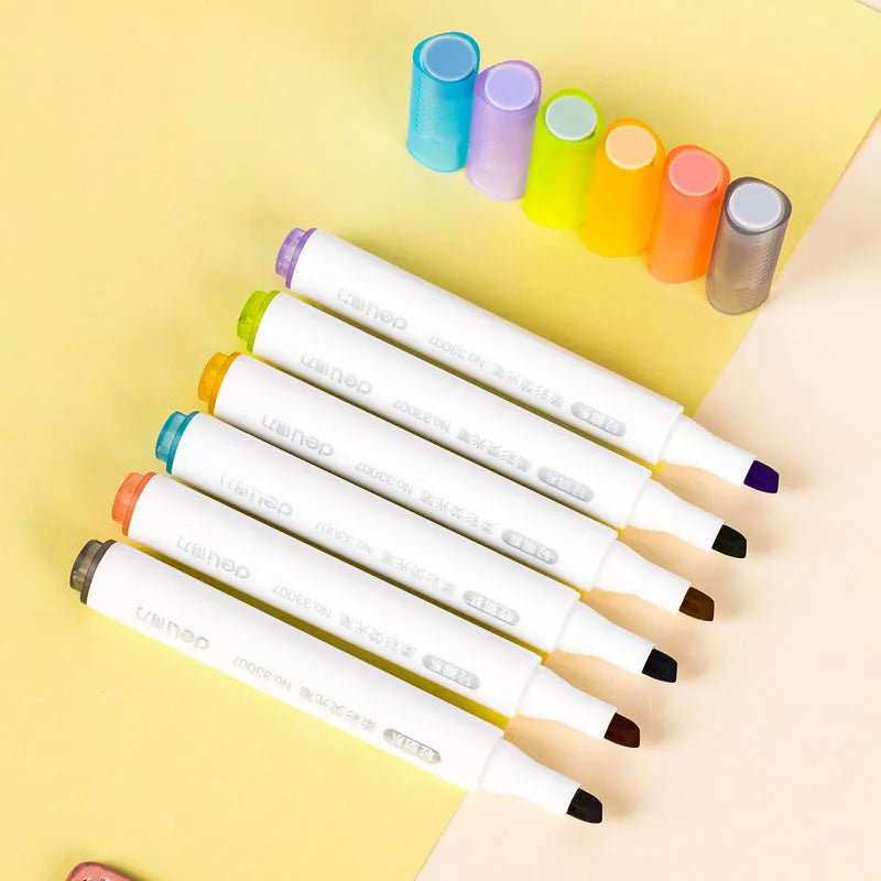 Deli S605 oblique head highlighter pens in macaron colours with transparent penholders