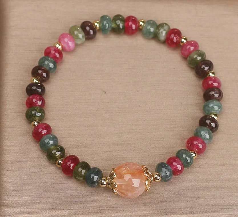 Retro natural tourmaline multi-layer crystal bracelet for women with electroplated finish and original design