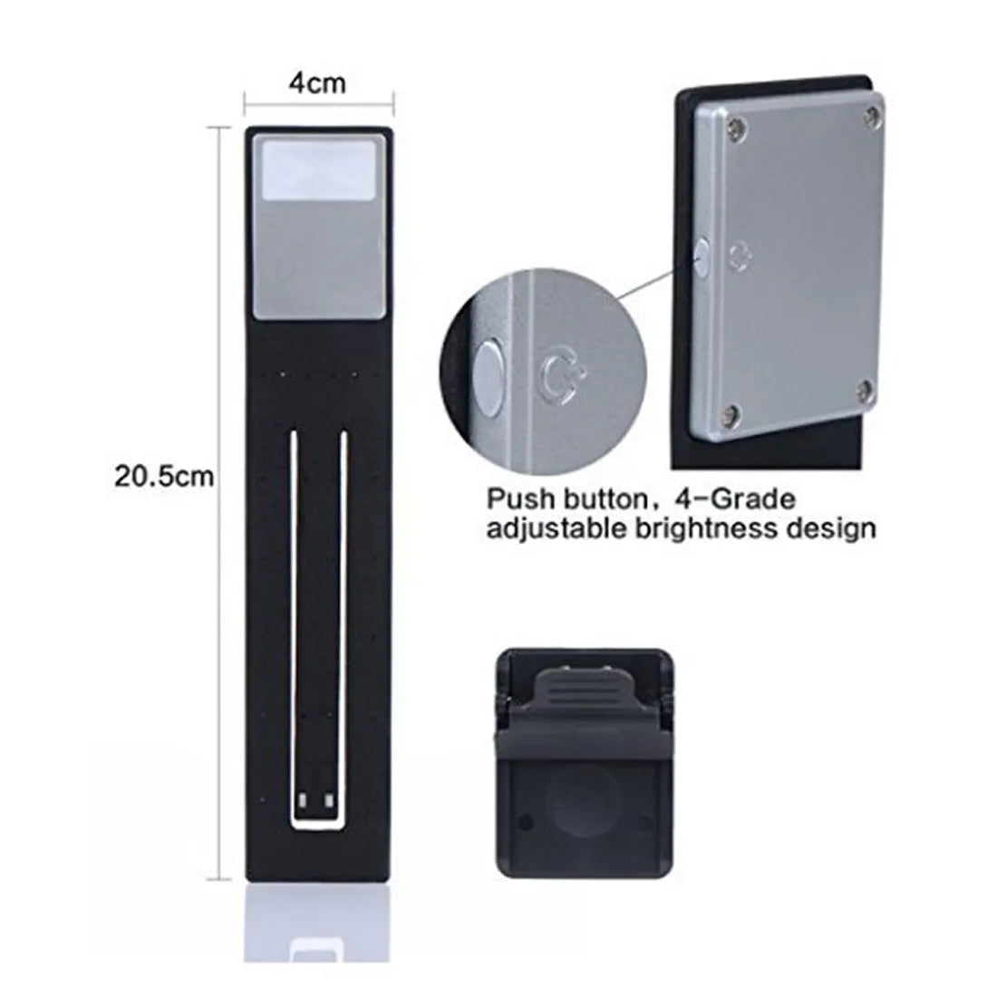 Black LED clip-on book light with flexible arm attached to a Kindle e-reader