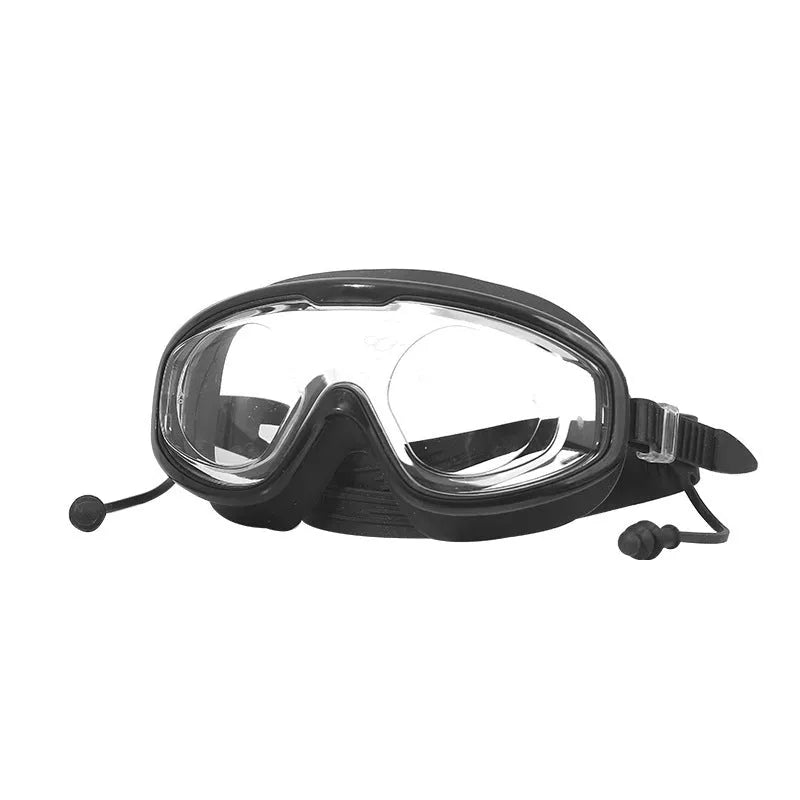 Large frame anti-fog waterproof swimming goggles for adults, transparent black colour, adjustable strap