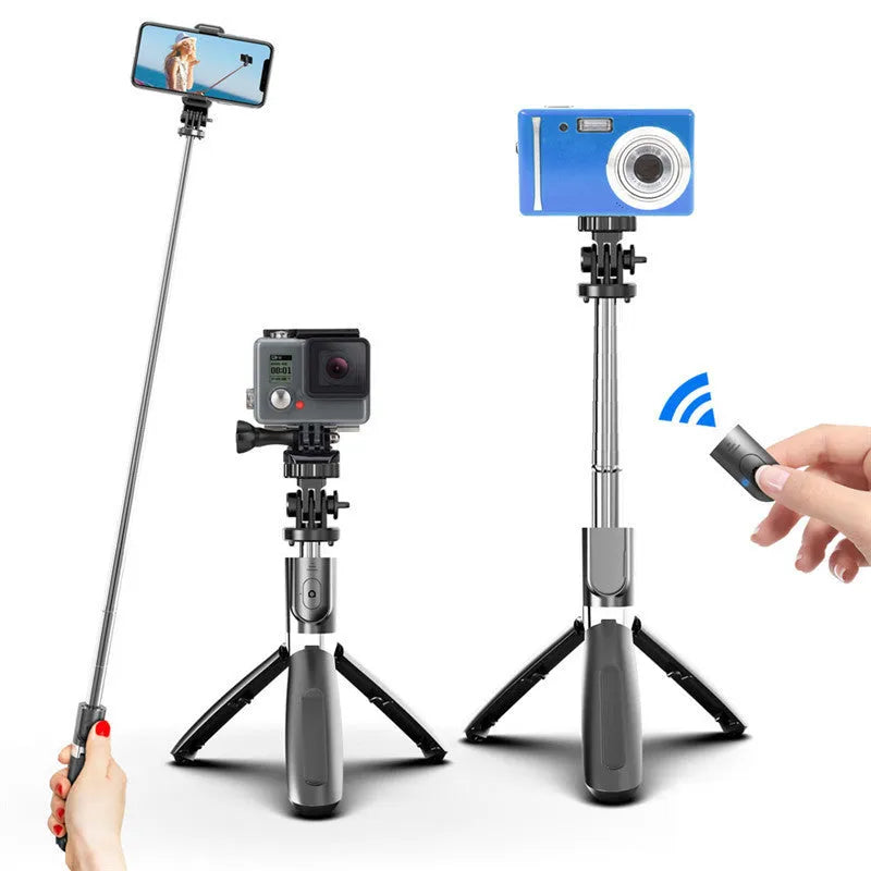 Bluetooth wireless remote control selfie stick in black, folded to 190mm with tripod base
