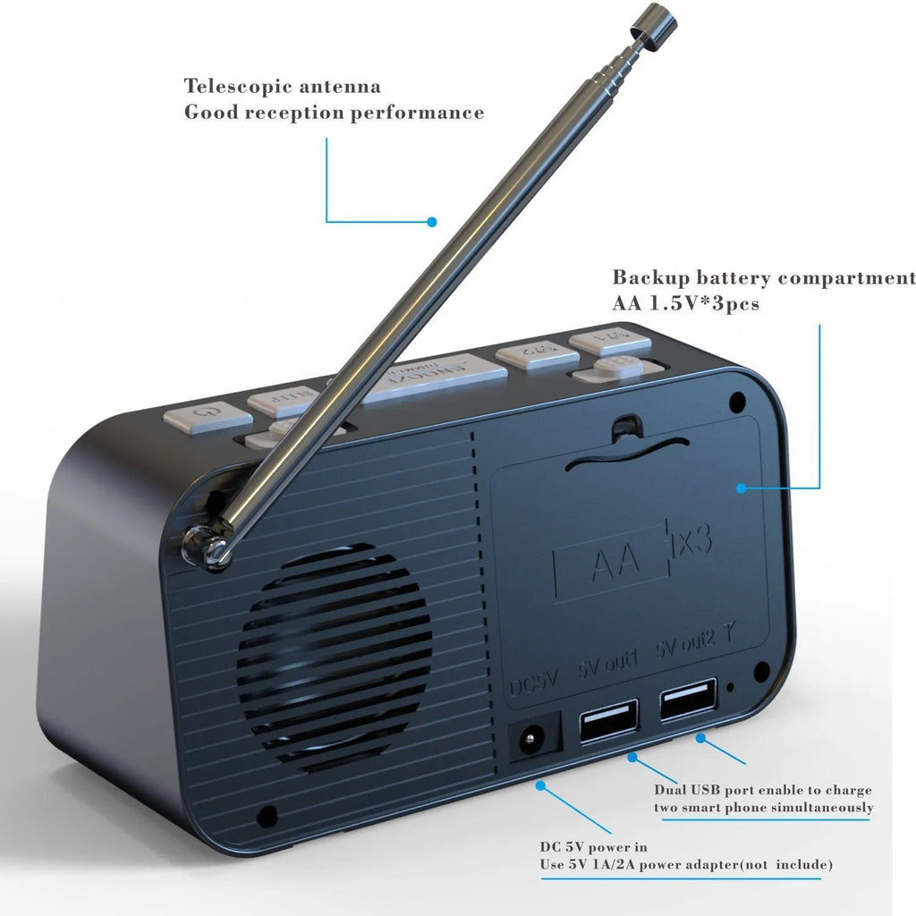Black DAB bedside alarm clock with large LED display, upgraded pig tail antenna, and two USB ports on the side.