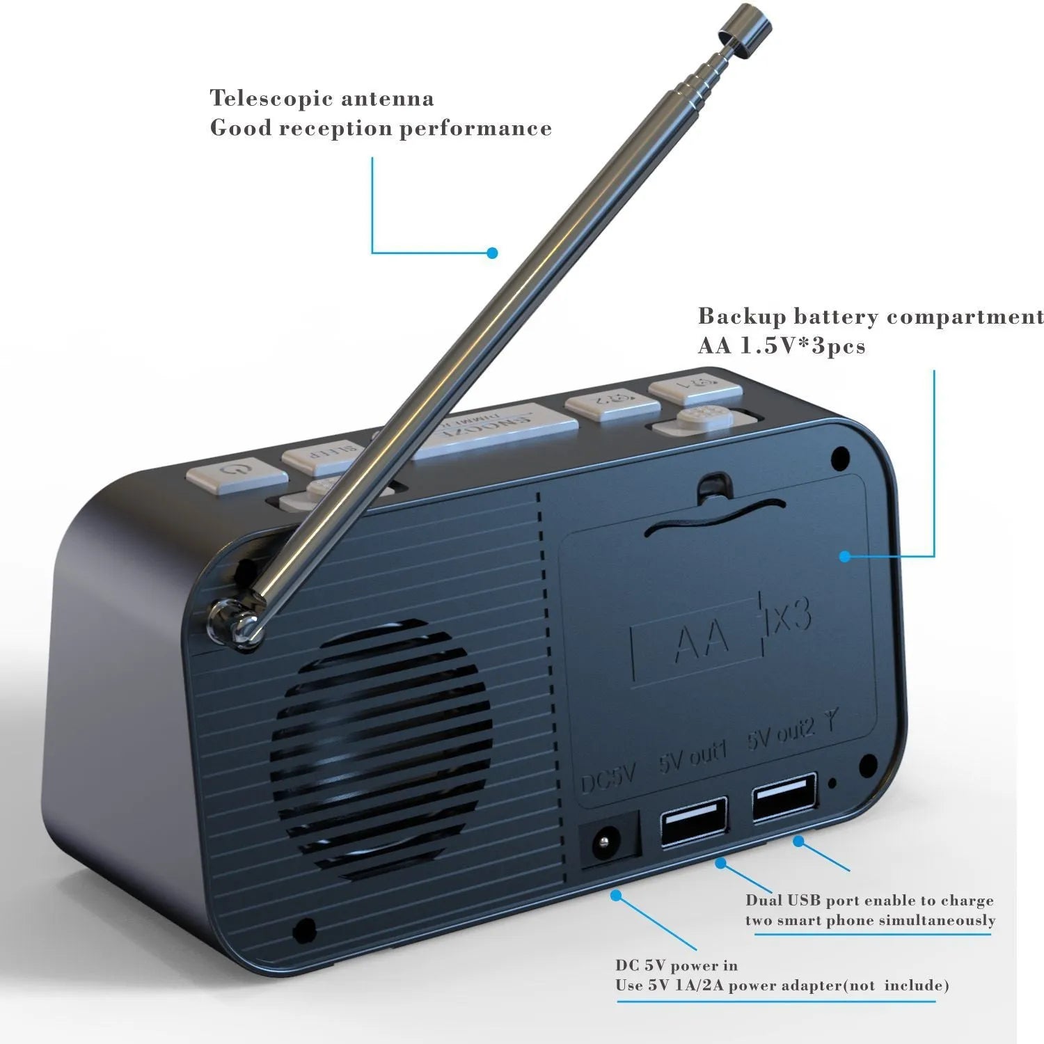 Black DAB bedside alarm clock with large LED display, upgraded pig tail antenna, and two USB ports on the side.