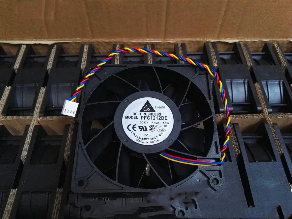 Delta PFC1212DE 120mm 12V DC cooling fan with black PBT frame and 4-pin PWM cable
