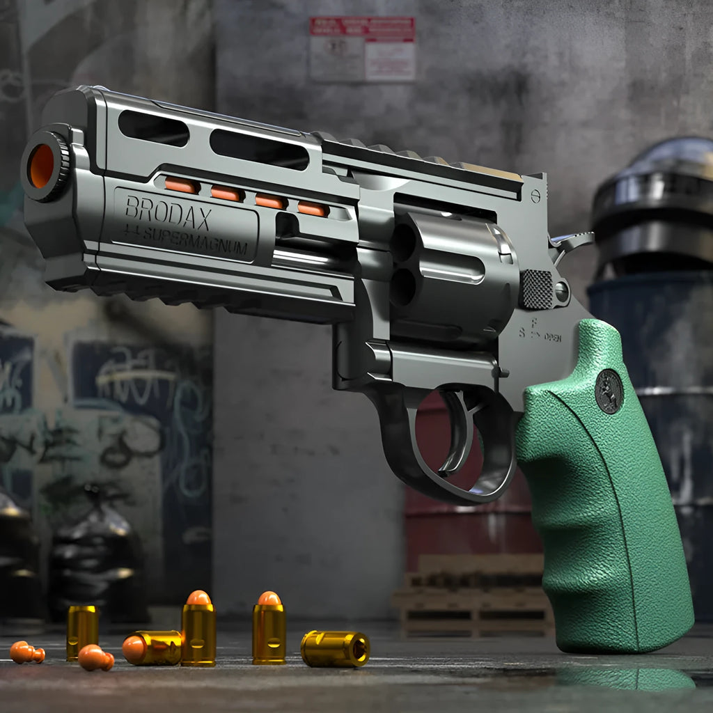Revolver plastic soft bullet gun in army green colour box with continuous left wheel and 20 soft bullets