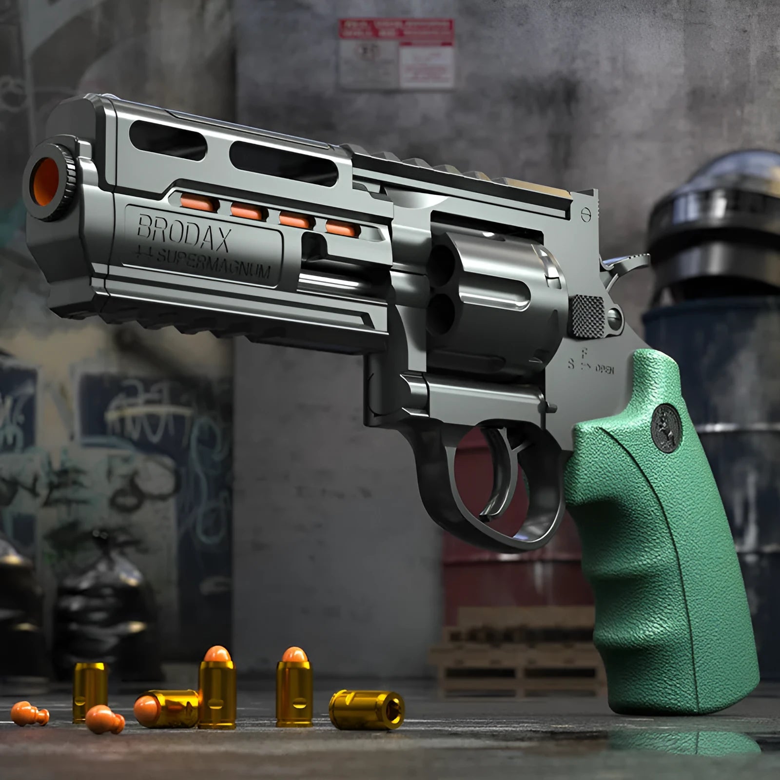 Revolver plastic soft bullet gun in army green colour box with continuous left wheel and 20 soft bullets
