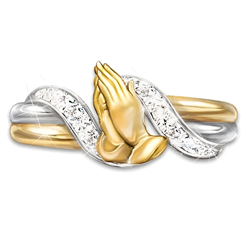 14K gold electroplated prayer hands ring for women, geometric design, alloy with artificial gem inlay, 4 grams, gold finish