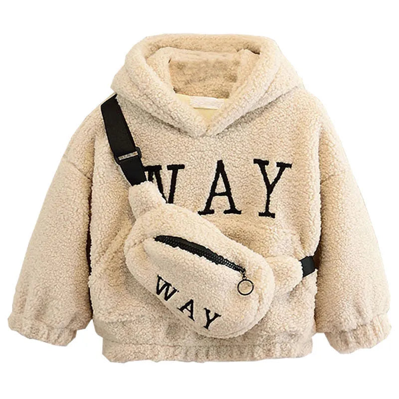 A child's beige fleece jacket with a cartoon pattern, featuring a hood and long sleeves.