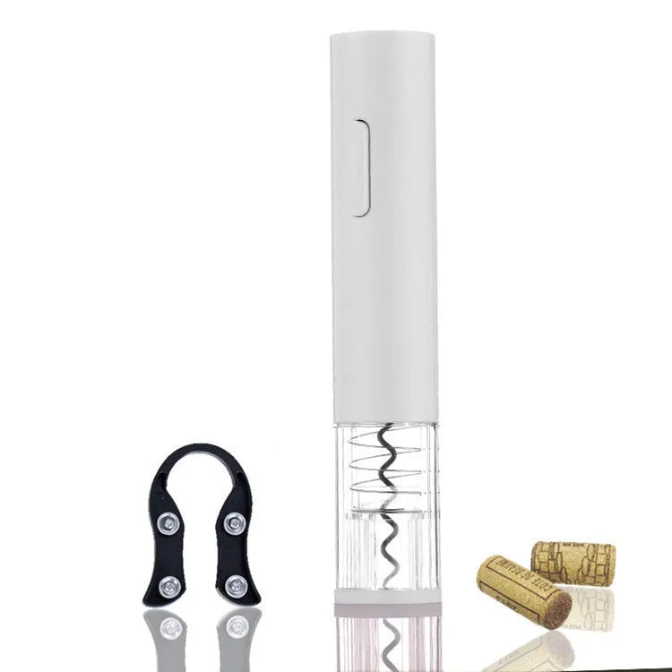 Black electric wine bottle opener with foil cutter showing automatic corkscrew mechanism