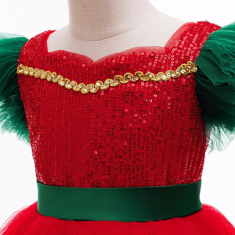 Children's colour-blocking princess dress with lace in D1557 red on a child aged 8-10, polyester fabric, full-length view