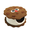 Khaki coloured sandwich cookie shaped closed cat bed house with front entrance and removable cushion
