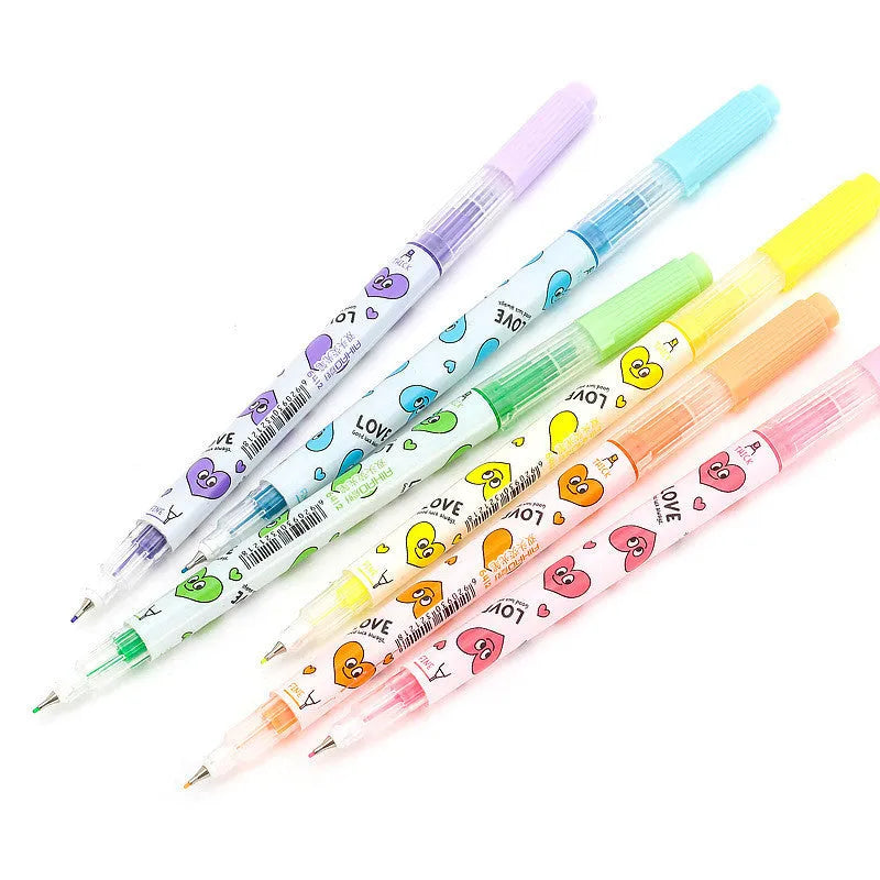 Six double-headed watercolour highlighters showing pink, orange, yellow, green, blue, and purple colours