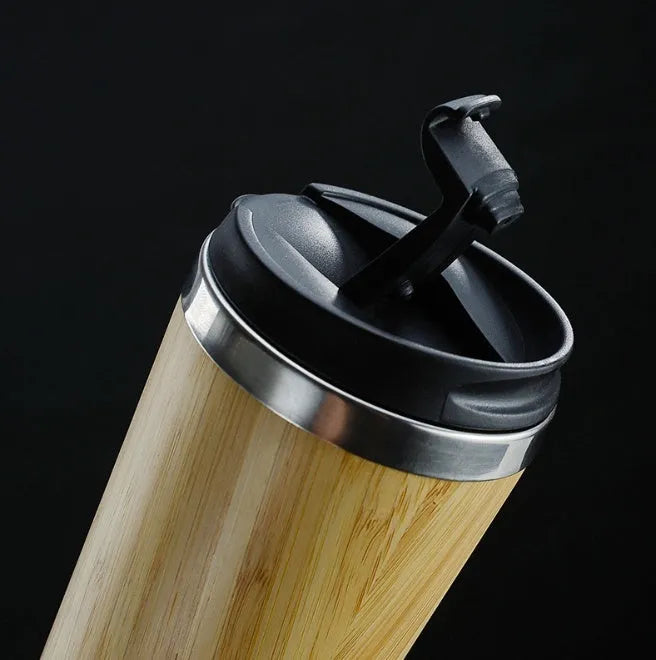 Bamboo coffee cup with double wall insulation, recyclable leak-proof lid, and anti-slip foam pad