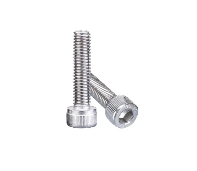 Stainless steel phono cartridge mounting screw set with allen bolts, nuts, washers, and two allen keys on a grey background