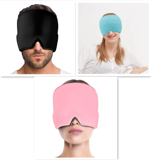 Black elastic cloth gel ice headache relief eye mask shown on its side.