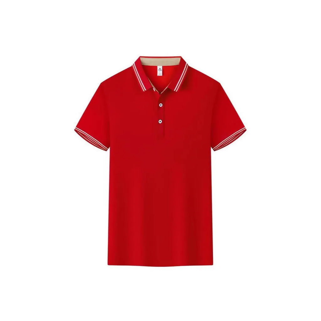 Cotton blend slim fit polo work shirt with collar and short sleeves on a hanger.