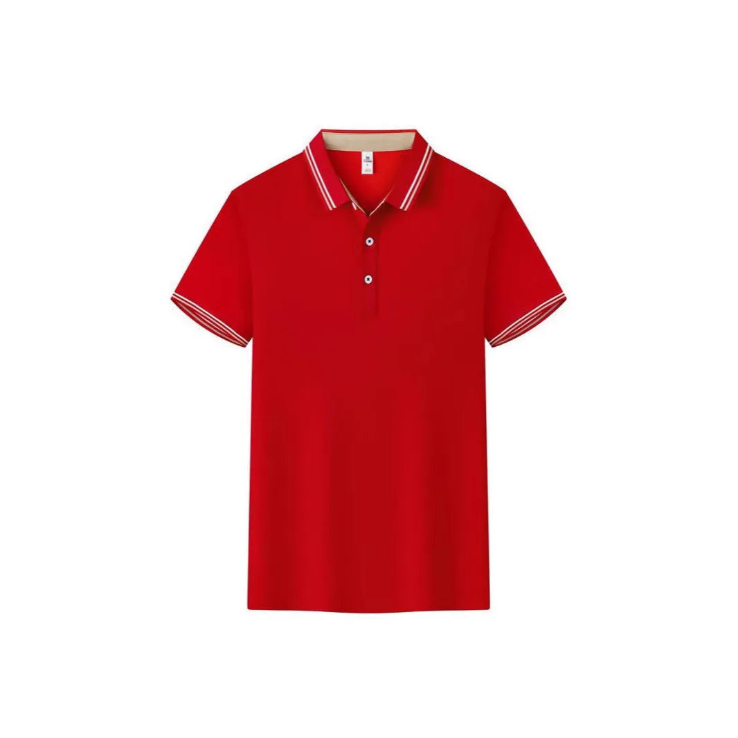 Cotton blend slim fit polo work shirt with collar and short sleeves on a hanger.