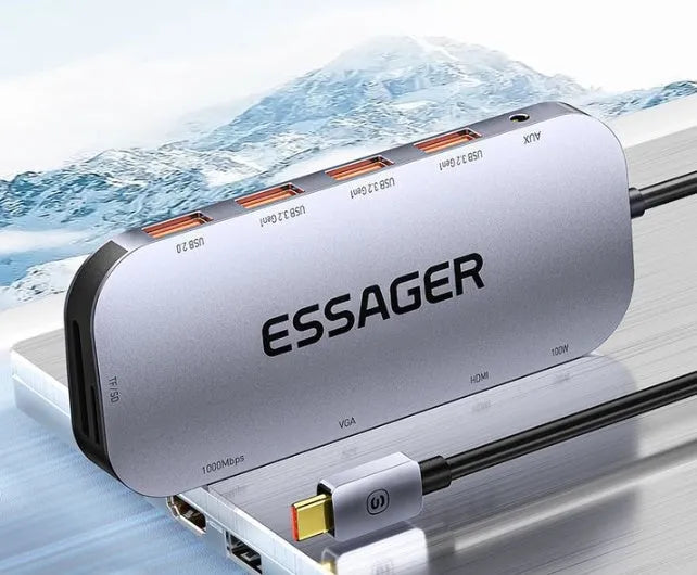 11-in-1 USB Type-C expansion hub with Gigabit Ethernet port and a 20cm integrated cable.