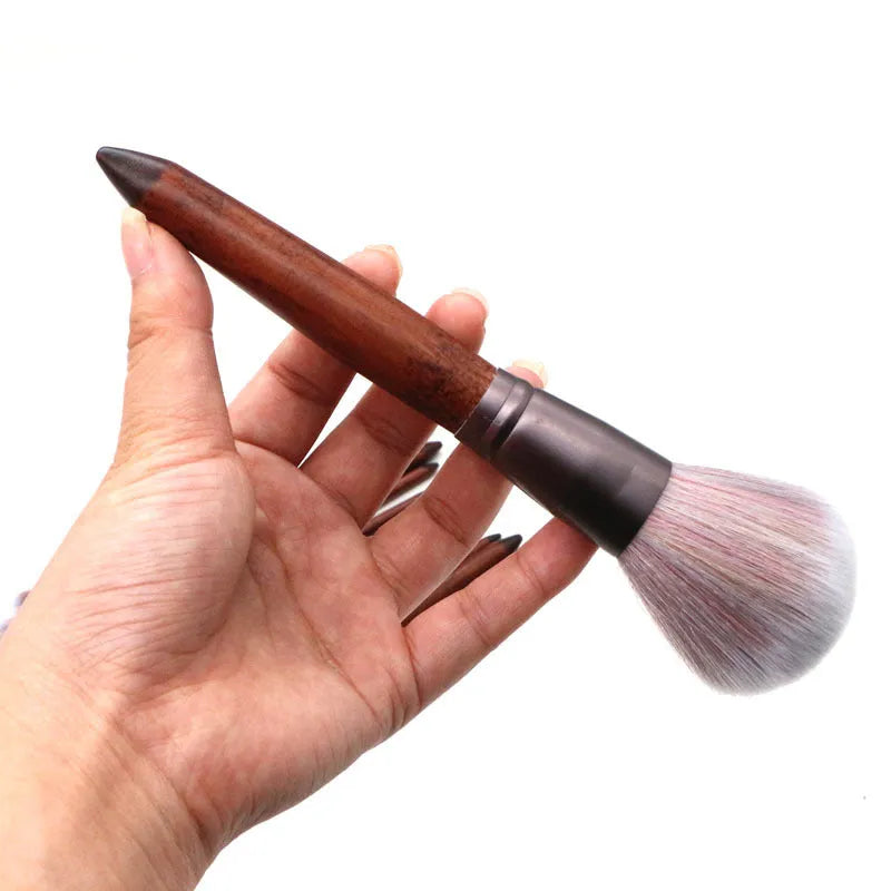 11-piece makeup brush set with synthetic hair heads, matte coffee aluminium ferrules, and natural wood handles