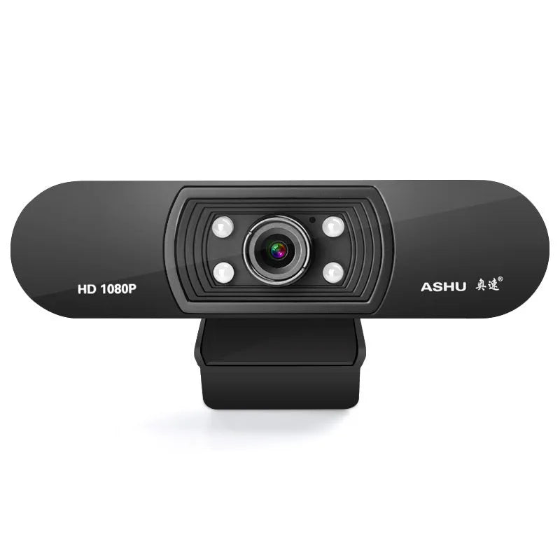 Black HD webcam with built-in microphone and glass lens on a laptop screen