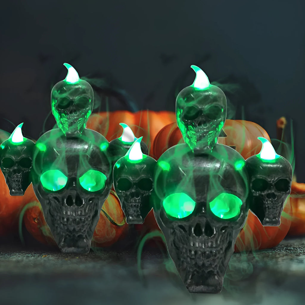 Gold or silver Halloween skull ornament with LED candle light, 14x12x9cm flameless decoration