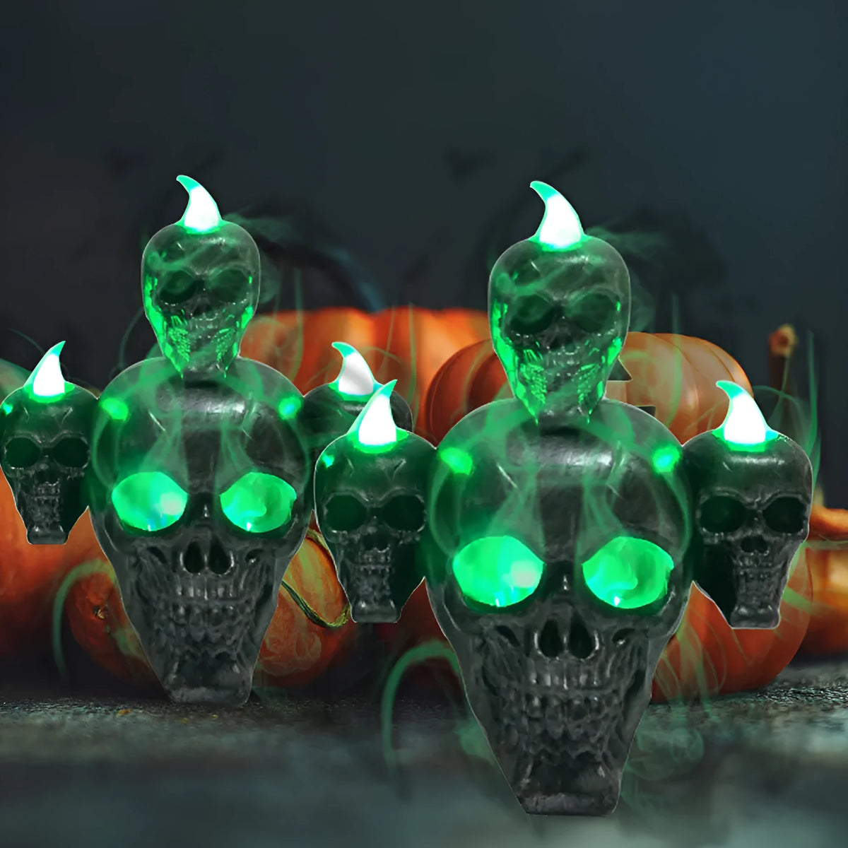 Gold or silver Halloween skull ornament with LED candle light, 14x12x9cm flameless decoration