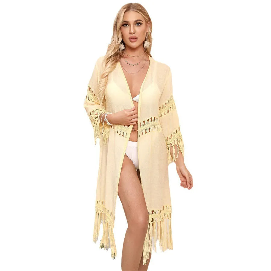 Hand crocheted yellow beach cover-up cardigan with tassel detail, loose fit for women