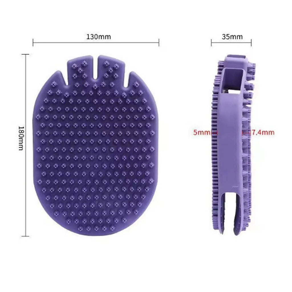 Purple dual-sided pet massage shampoo brush with soft TPR bristles and ergonomic handle