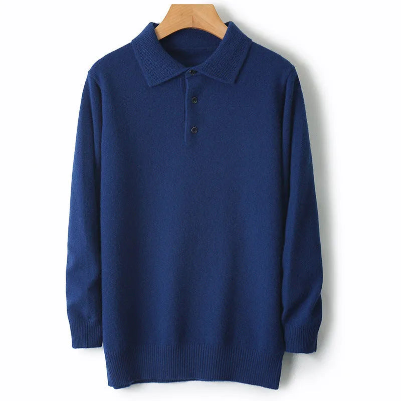 Men's grey woolen polo collar pullover sweater with textured collage stitching on the chest.