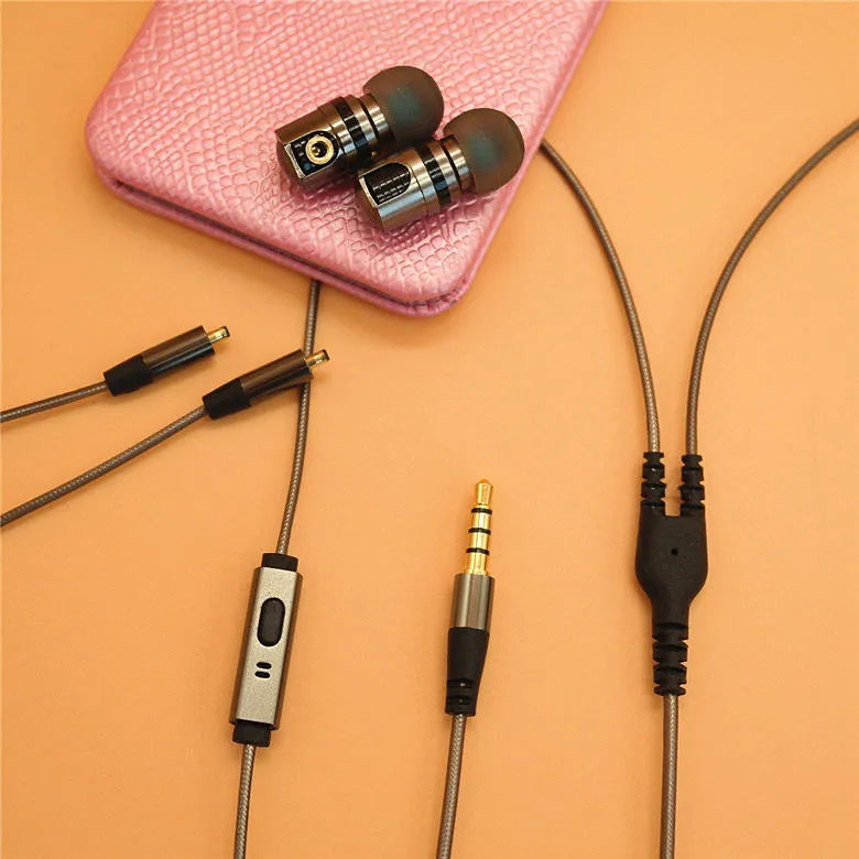 Titanium grey metal in-ear earphones with a detachable TPE cable and aluminium foil shielding.