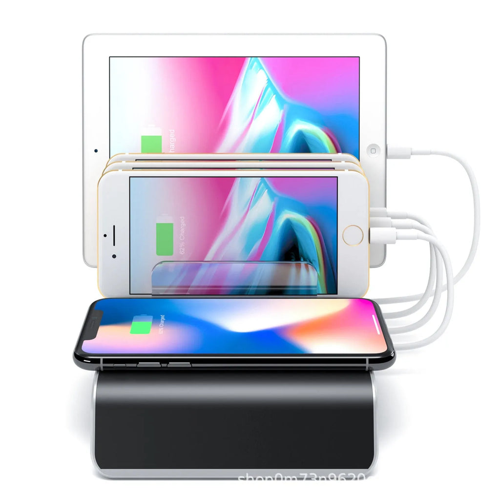 Black wireless charging stand for mobile phones and tablets with universal compatibility
