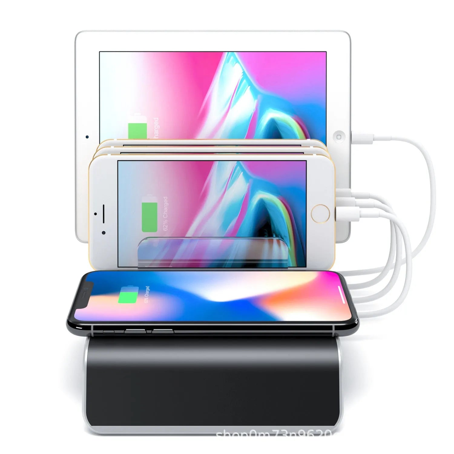 Black wireless charging stand for mobile phones and tablets with universal compatibility