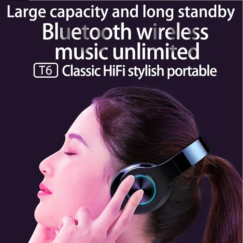 Black T6 wireless Bluetooth headset with over-ear design for music and calls.