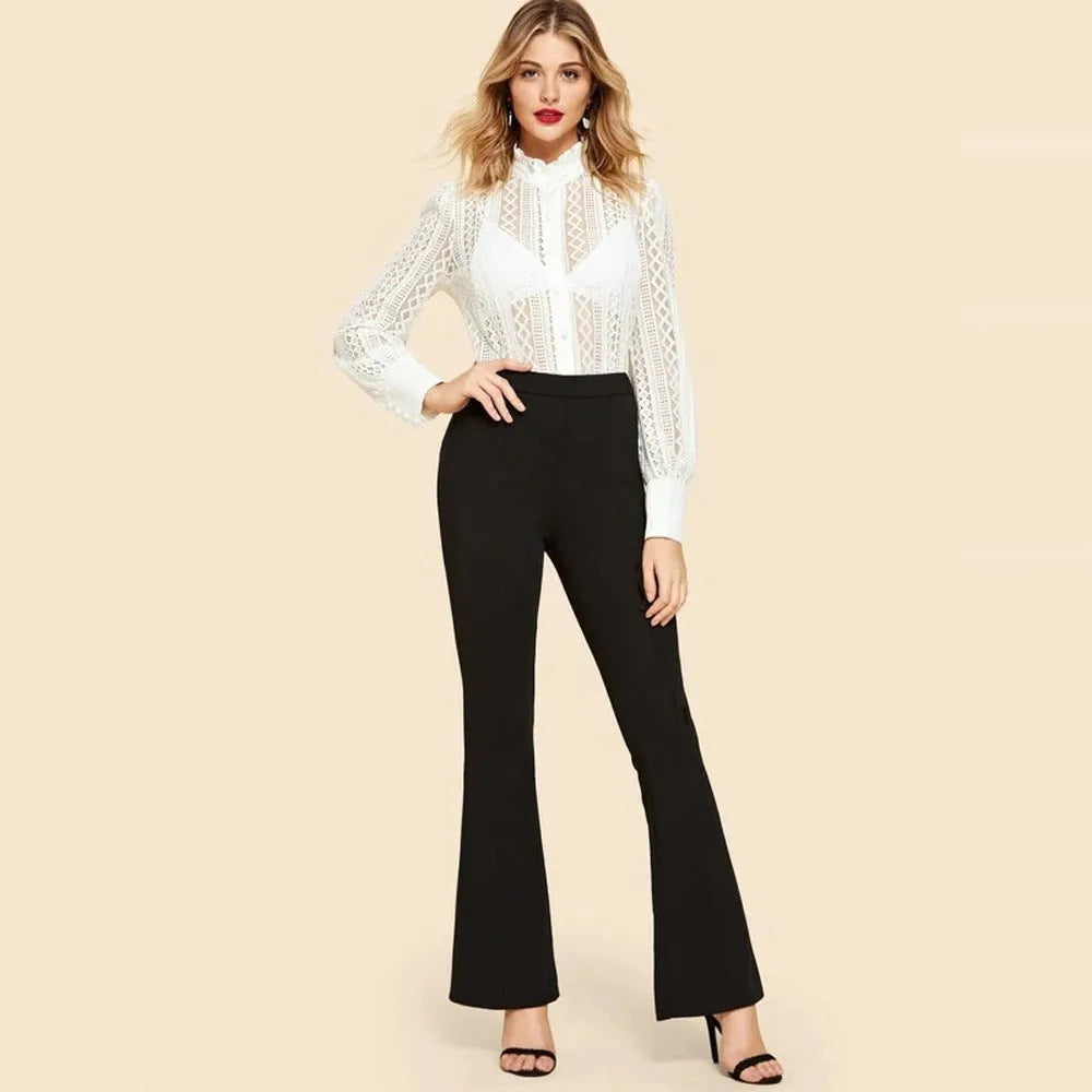 High waist black flared pants for ladies made from cotton blend fabric, available in multiple sizes